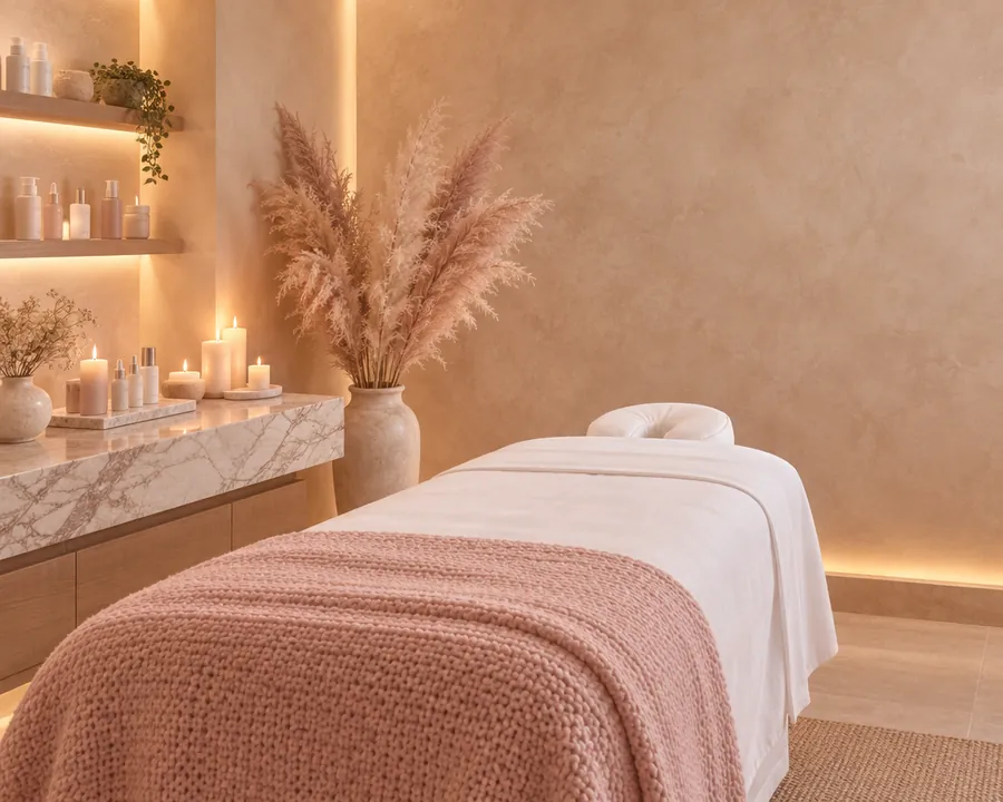 A calm treatment room with a pink throw